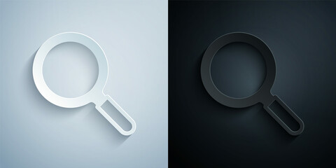 Paper cut Magnifying glass icon isolated on grey and black background. Search, focus, zoom, business symbol. Paper art style. Vector