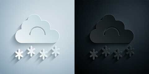 Paper cut Cloud with snow icon isolated on grey and black background. Cloud with snowflakes. Single weather icon. Snowing sign. Paper art style. Vector