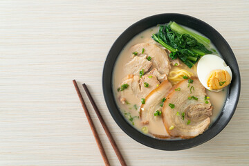 Ramen noodles in pork bone soup with roast pork and egg