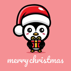 cute penguin character is celebrating christmas holding a gift box