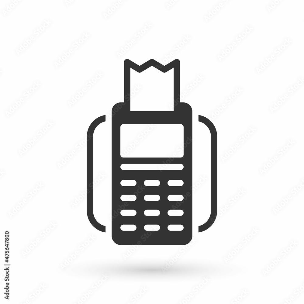 Poster grey pos terminal with inserted credit card and printed reciept icon isolated on white background. n