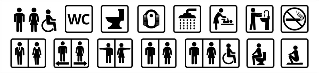 Toilet vector icon set. WC and toilet feature facility sign. Men and women and handicap restroom symbol vector illustration. Contains icons like shower, squat toilet, no smoking and baby changing room