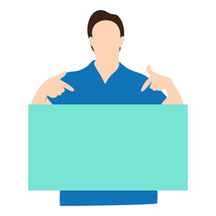 Vector illustration of a man standing while pointing a board front his body. Flat design.