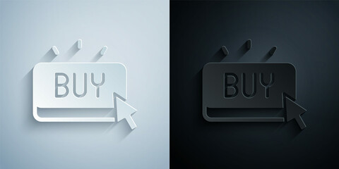 Paper cut Buy button icon isolated on grey and black background. Paper art style. Vector