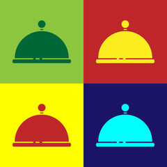 Pop art Covered with a tray of food icon isolated on color background. Tray and lid. Restaurant cloche with lid. Kitchenware symbol. Vector