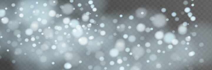 Vector falling snow effect isolated on transparent background with blurred bokeh
