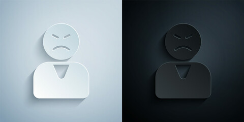 Paper cut Angry customer icon isolated on grey and black background. Paper art style. Vector