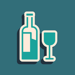 Green Wine bottle with glass icon isolated on green background. Long shadow style. Vector