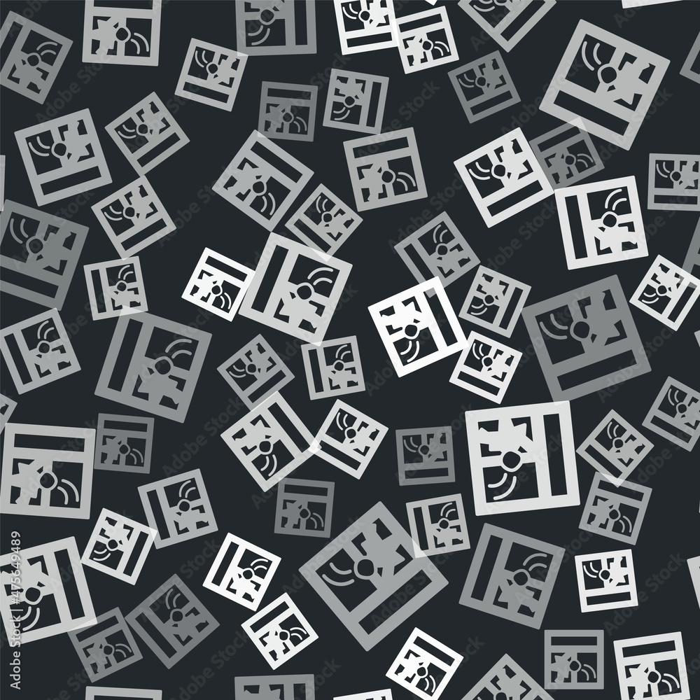 Poster grey broken window icon isolated seamless pattern on black background. damaged window. beaten window