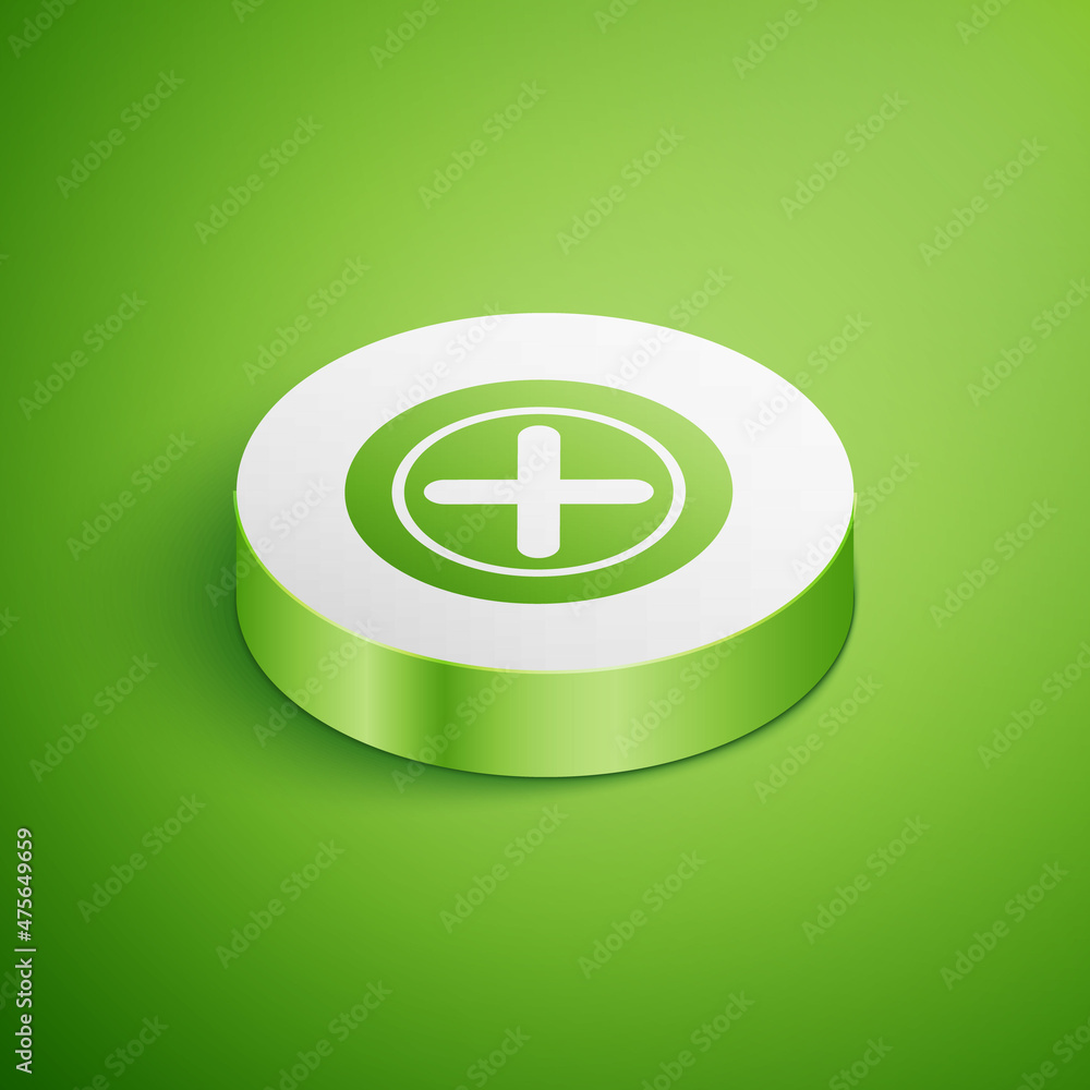 Poster isometric x mark, cross in circle icon isolated on green background. check cross mark icon. white ci