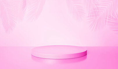 Pink background, podium, pedestal, palm leaves. 3d render.