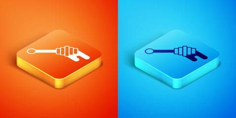 Isometric Honey dipper stick icon isolated on orange and blue background. Honey ladle. Vector