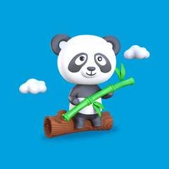 3D Rendering Panda Sitting on Tree Trunk and holding bamboo Illustration © AGUNG