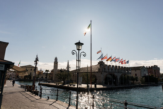 Lasize lake side with national flags