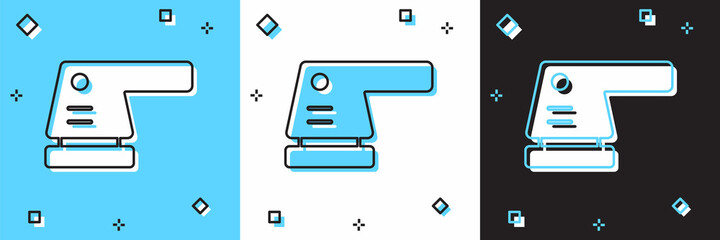 Set Electric sander icon isolated on blue and white, black background. Orbital sander. For floor and wooden planks sanding sandpaper. Vector