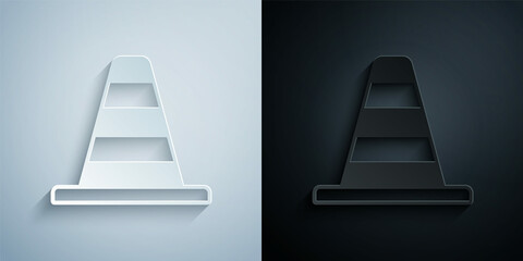 Paper cut Traffic cone icon isolated on grey and black background. Paper art style. Vector