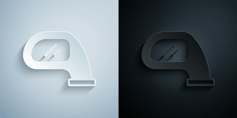Paper cut Car mirror icon isolated on grey and black background. Paper art style. Vector