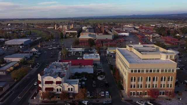 Sunset aerial view of the urban core of downtown Lincoln, California, USA.