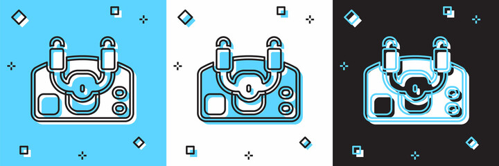 Set Aircraft steering helm icon isolated on blue and white, black background. Aircraft control wheel. Vector