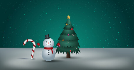 illustration of snowman, christmas tree and candy on a snowy green background