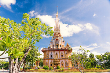 Temple Wat chalong Buddhist landmark of Phuket with cloud and most important famous travel in Thailand.