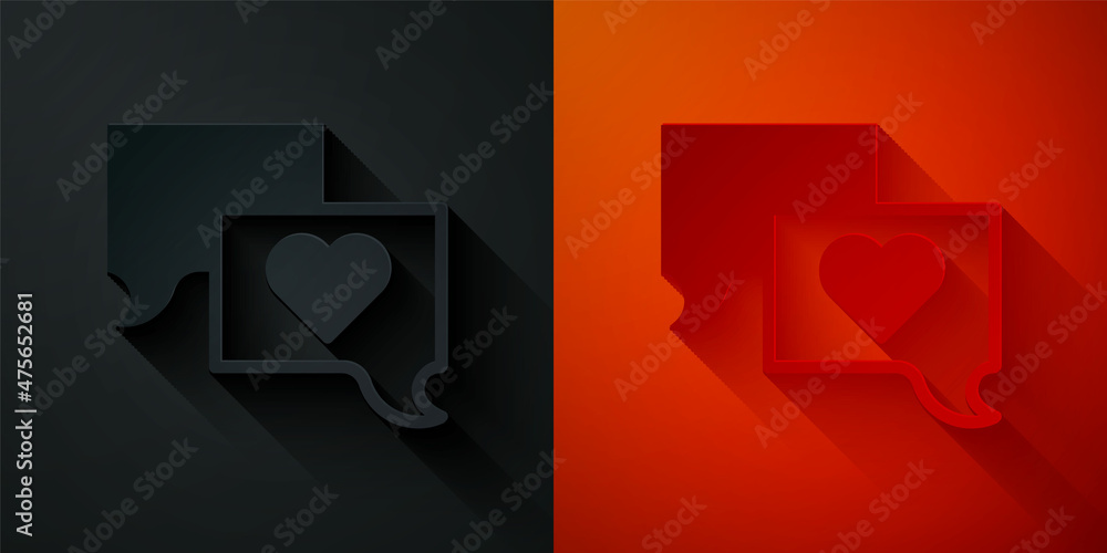 Poster paper cut speech bubble chat icon isolated on black and red background. message icon. communication 