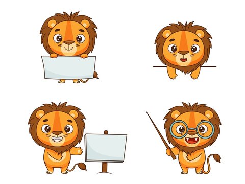 A cute lion holds a sign, holds a poster, points out with a pointer, looks out from behind the edge. Set of vector characters for design in cartoon style.