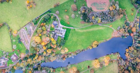 Top down panorama over Ugbrooke House and Gardens from a drone in the colors of fall, Exeter, Devon, England, Europe