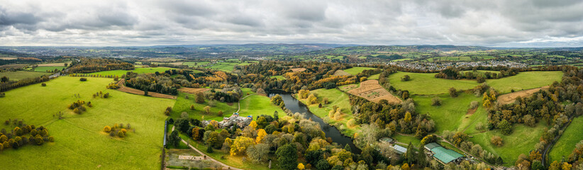 Panorama over Ugbrooke House and Gardens from a drone in the colors of fall, Exeter, Devon,...