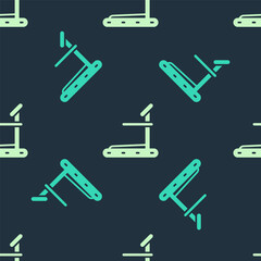 Green and beige Treadmill machine icon isolated seamless pattern on blue background. Vector