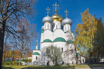 Autumn view of the Cathedral of the Smolenskaya Icon of the Mother of God in the Novodevichy Monastery. Moscow, Russia