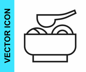 Black line Ramen soup bowl with noodles icon isolated on white background. Bowl of traditional asian noodle soup. Vector