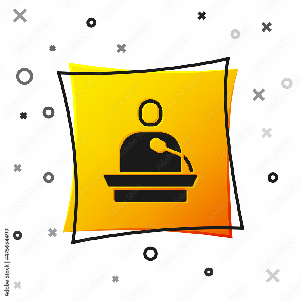 Poster black gives lecture icon isolated on white background. stand near podium. speak into microphone. the