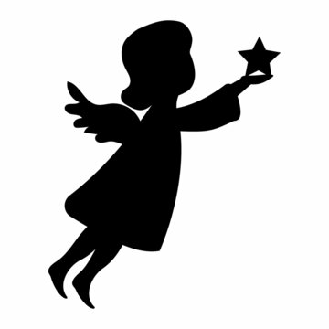 Christmas angel holding a star, black isolated silhouette vector icon
