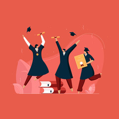 Obraz na płótnie Canvas Students celebrating Graduation with with academic Certificate, Flying graduation caps