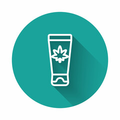 White line Medical cream with marijuana or cannabis leaf icon isolated with long shadow. Mock up of cannabis oil extracts in jars. Green circle button. Vector Illustration