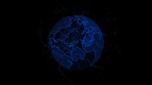 Technology spinning 3d hologram planet earth, blue color digital earth animation on black background