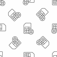 Grey line Sim card rejected icon isolated seamless pattern on white background. Mobile cellular phone sim card chip. Mobile telecommunications technology symbol. Vector