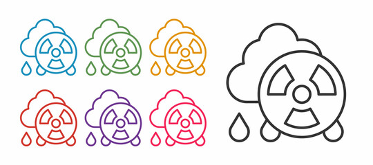 Set line Acid rain and radioactive cloud icon isolated on white background. Effects of toxic air pollution on the environment. Set icons colorful. Vector