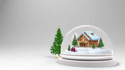 Crystal ball, snowball with snowy Christmas tree, spruce inside, falling snow, snow clad house, realistic holiday decoration, 3D render . Copy space available