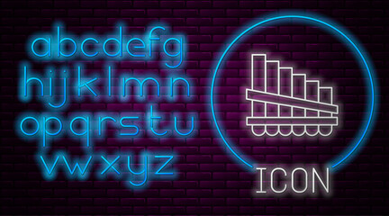 Glowing neon line Pan flute icon isolated on brick wall background. Traditional peruvian musical instrument. Zampona. Folk instrument from Peru, Bolivia and Mexico. Neon light alphabet. Vector