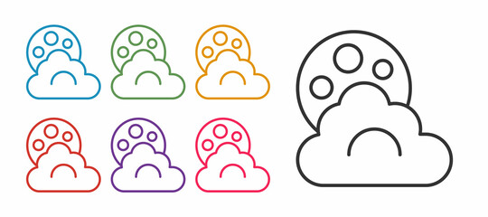 Set line Cloud with moon icon isolated on white background. Cloudy night sign. Sleep dreams symbol. Night or bed time sign. Set icons colorful. Vector