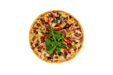 Delicious pizza served on wooden plate.  Top view