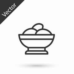 Grey line Varenyky in a bowl icon isolated on white background. Pierogi, varenyky, dumpling, pelmeni, ravioli. Traditional Ukrainian food. Vector