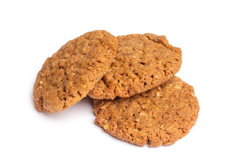Oat vanilla sugar cookies isolated on white background. Close-up view of brown yellow snacks. Macro shot of beige biscuit cakes for your design