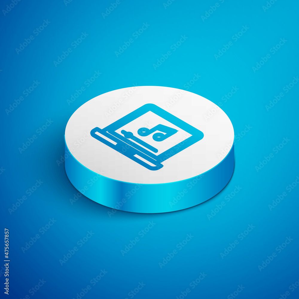 Poster isometric line laptop with music note symbol on screen icon isolated on blue background. white circl