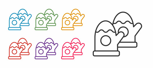 Set line Pair of knitted christmas mittens icon isolated on white background. Mitten icon. Merry Christmas and Happy New Year. Set icons colorful. Vector