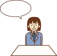 話をするスーツを着た女性。