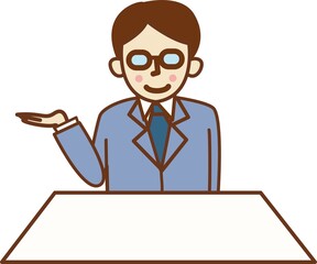 案内をするメガネをかけた笑顔の男性。