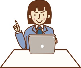 座ってタブレットを持ち、指を差すスーツ姿の女性。